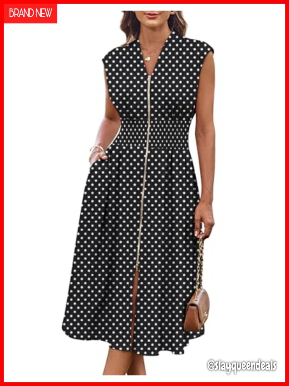 Sleeveless A-Line Midi Dress with Pockets High Waist Zipper Back